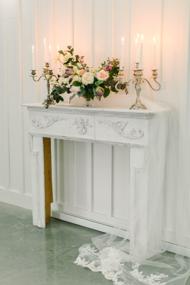 Spring Bridals at the Farmhouse Fireplace mantel with lit candels