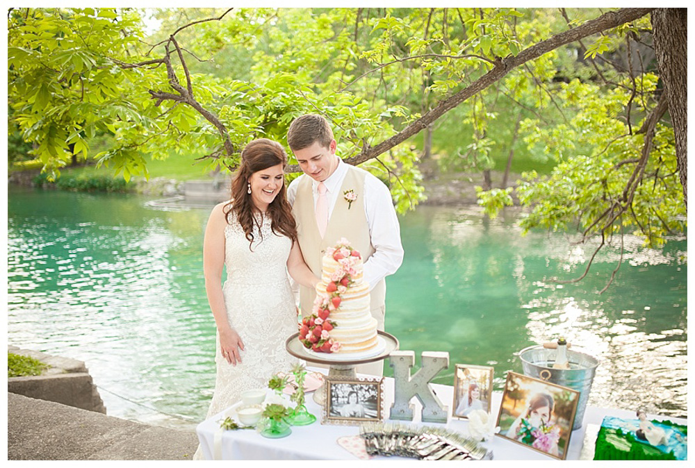 Texas Hill Country Backyard Wedding - Cutting Cake River Decor